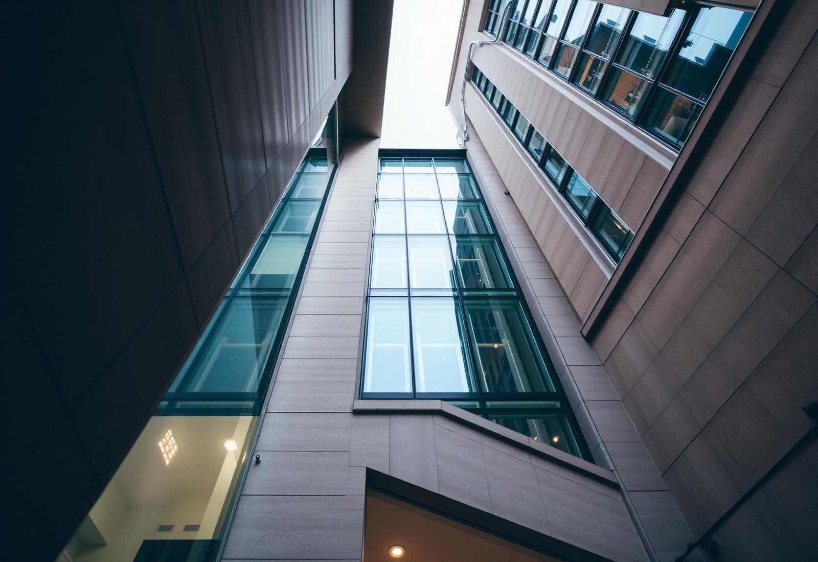 Commercial office building facade seen from below